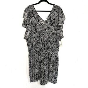 NWT Terra & Sky Romper Black Paisley Floral Ruffle Split Sleeve Faux Wrap 2X
